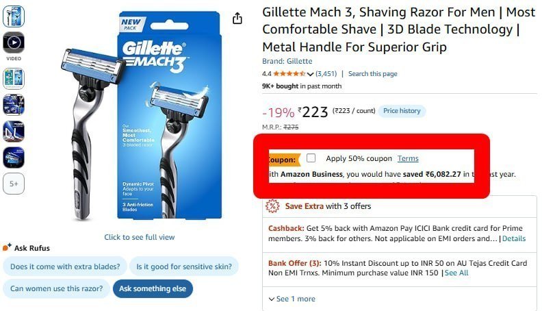 Apply 50 Coupon Gillette Mach 3 Shaving Razor 112