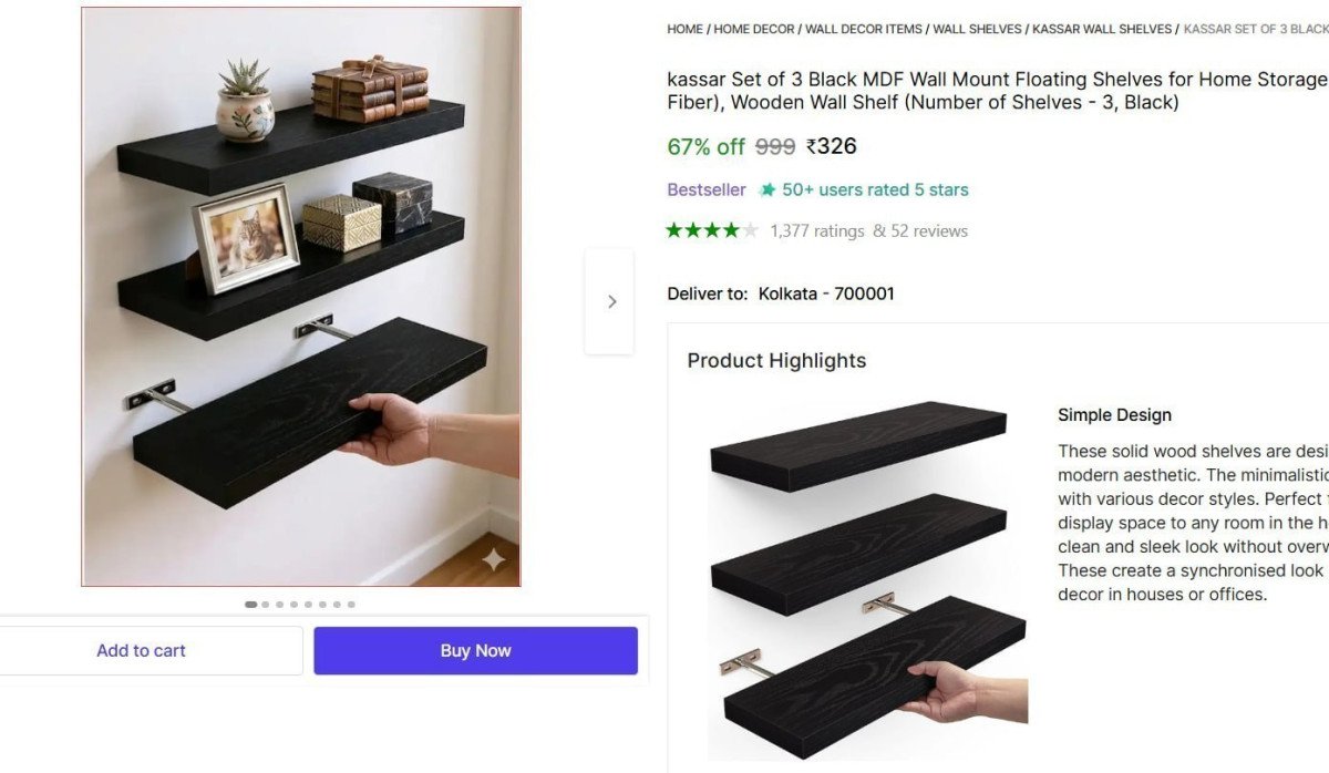 Set Of 3 Black Mdf Wall Mount Floating Shelves 326