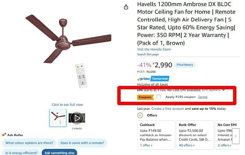 Havells Bldc Ceiling Fanapply 595 Coupon Apply 995