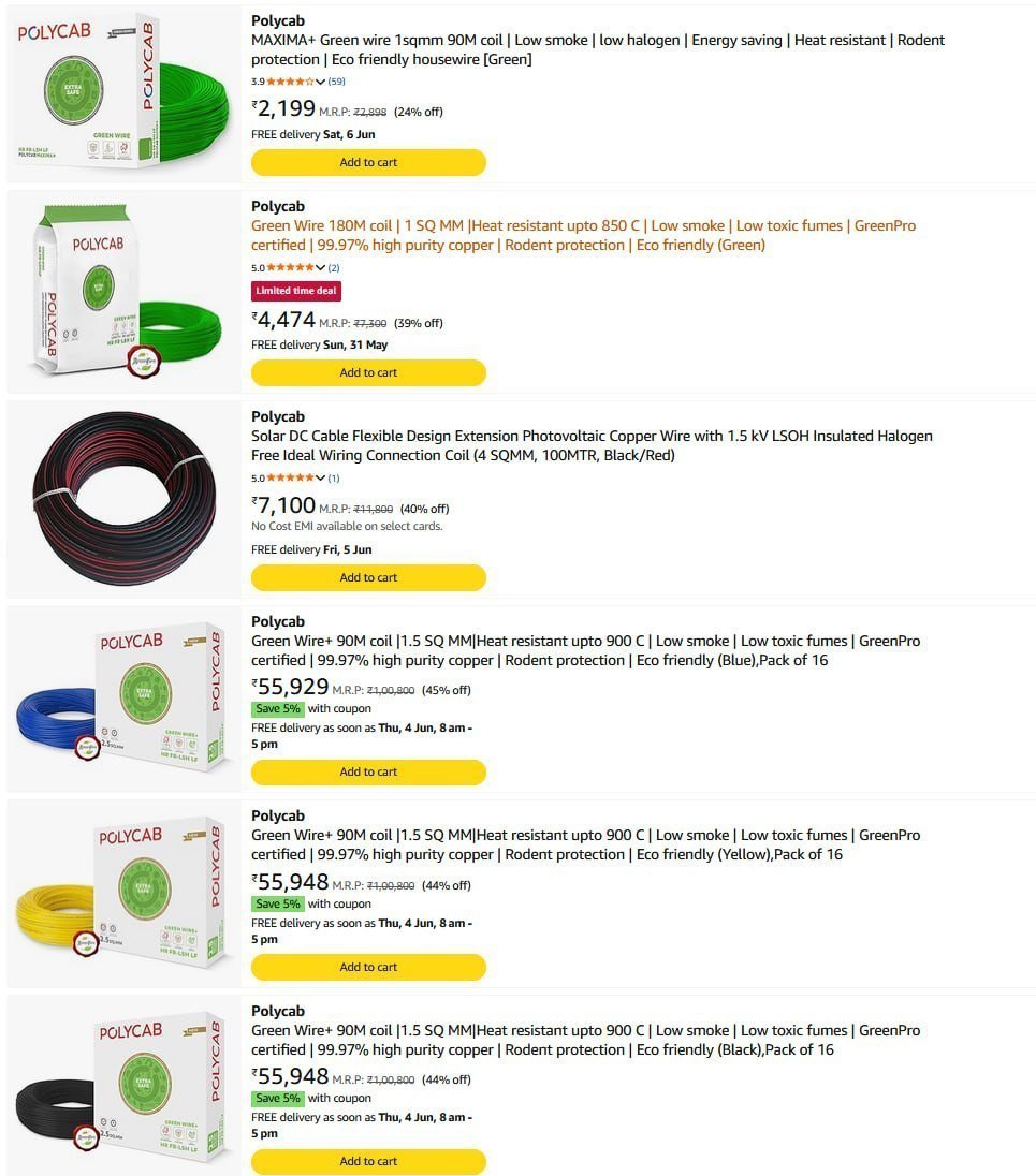 Looooot Coupon 5 Polycab Copper Wire 73 Starting From Rs 201 Amazon