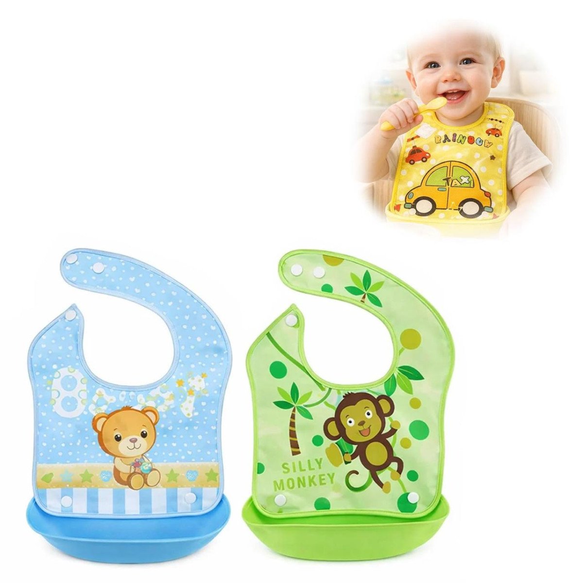 Babygo Silicone Baby Bibs Detachable Waterproof Apron Feeding Bibs Set Of 2 (random Colors) 202