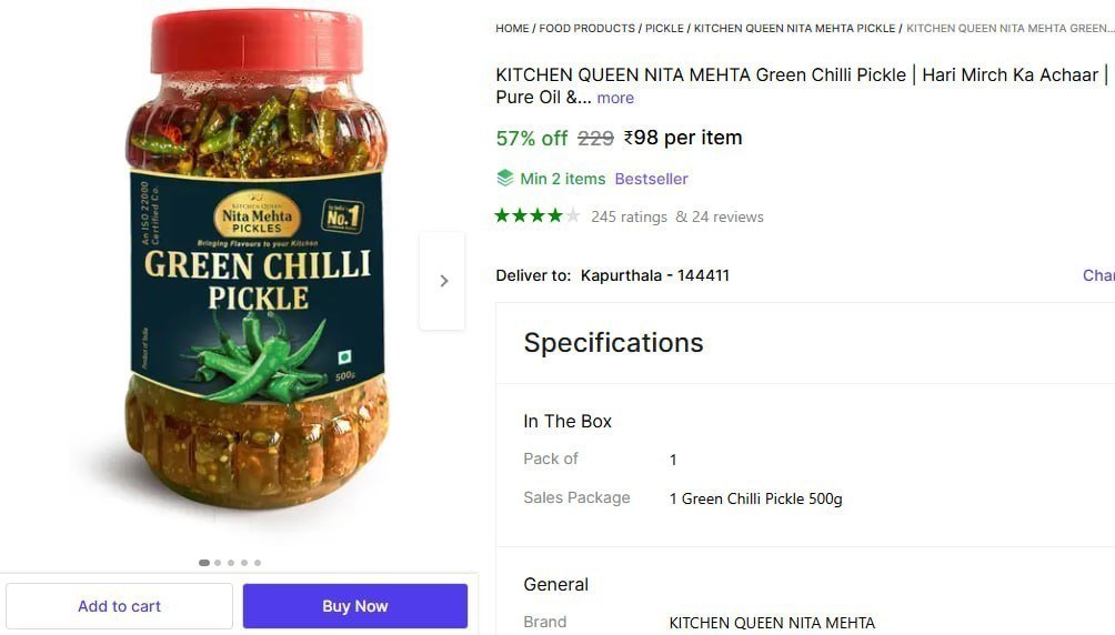 Green Chilli Pickle 500gm 98min 2 Buy