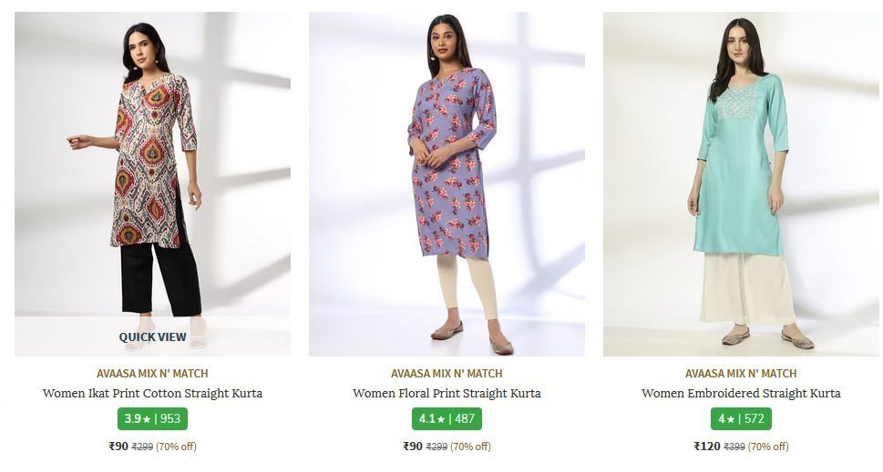 Looooot Many Option Women S Kurtas 86 Starting From Rs 90 Ajio