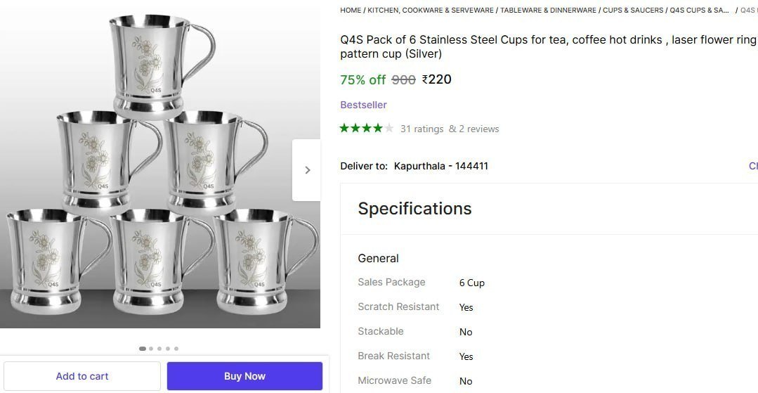 Pack Of 6 Stainless Steel Cups 220