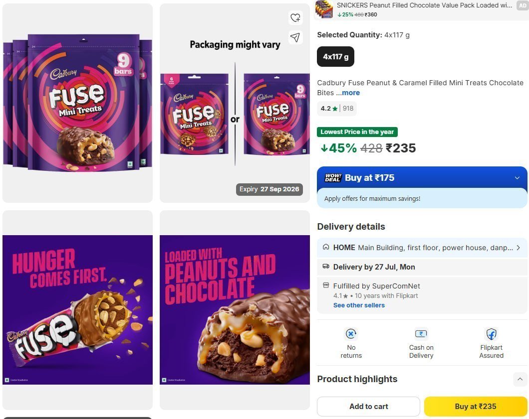 Cadbury Fuse Mini Treats Chocolate Bites (4 X 117 