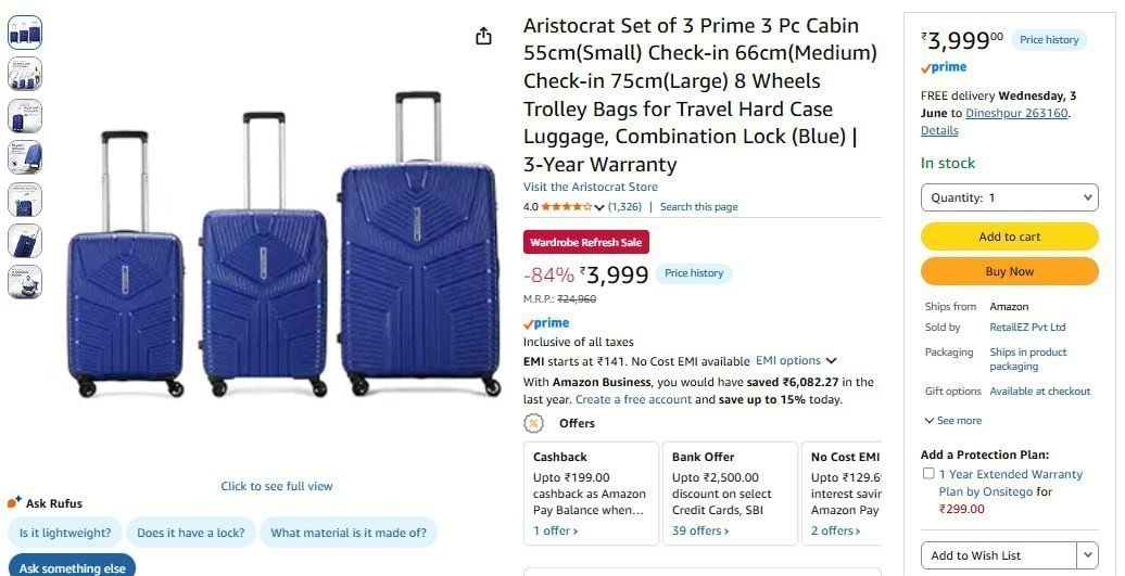 Aristocrat Set Of 3 Luggage 3999