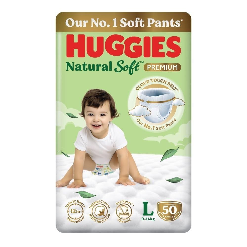 Huggies Natural Soft Premium Baby Diaper Pants Our No 1 Soft Pants Large (l) Size (9-14 Kgs) Pack Of 50 Diapers 580