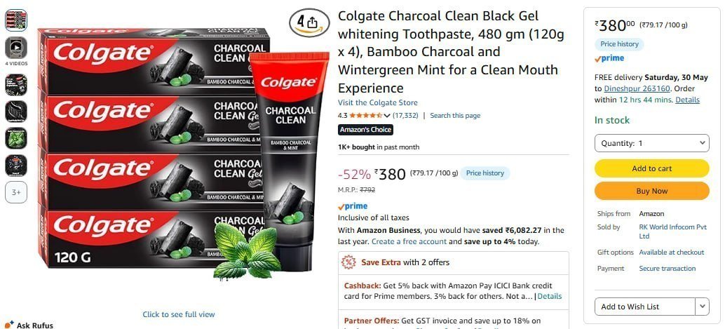 Colgate Charcoal Clean Black Gel Toothpaste (120g X 4) 380