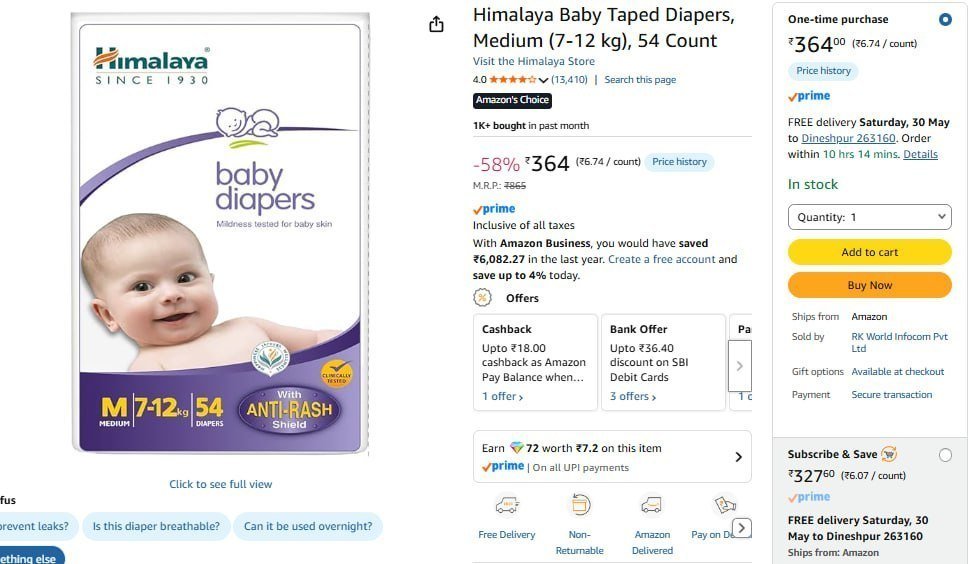 Himalaya Baby Taped Diapers Medium (7-12 Kg) 54 Count 364