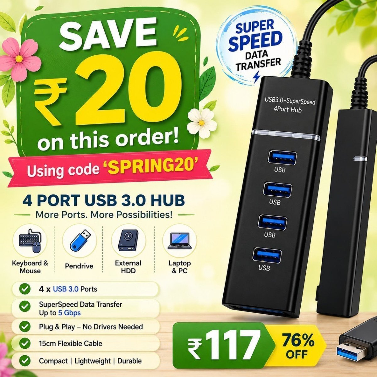Gadget Loot Alert 4 Port Usb 3 0 Hub Just 117 Flat 76 Save 20 Extra On This Order Use Code Spring20hurry Before Stock Runs Out
