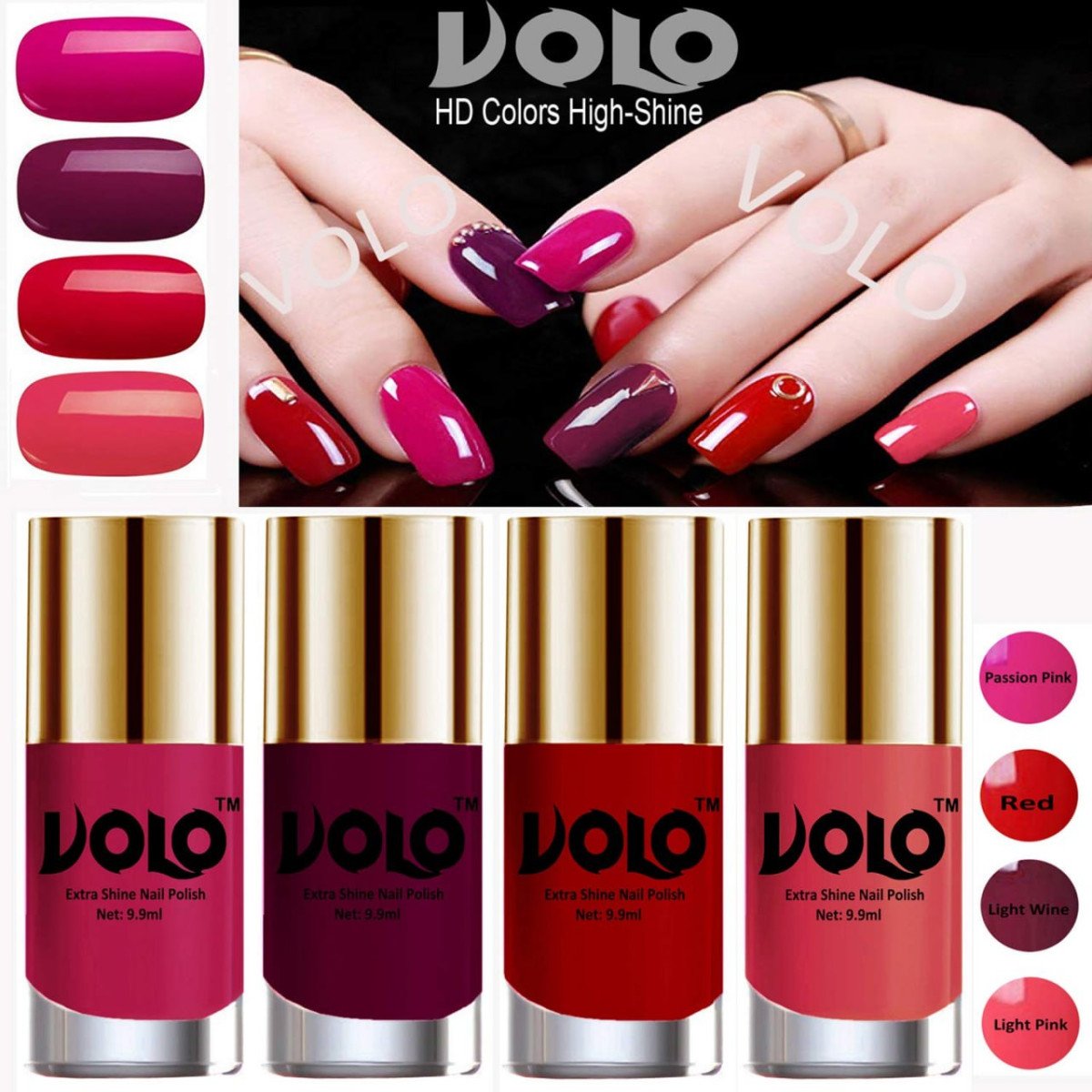 Volo Hd Colors High-shine Long Lasting Non Toxic Professional Nail Polish Set Of 4 (passion Pink Red Light Wine And Light Pink) 199