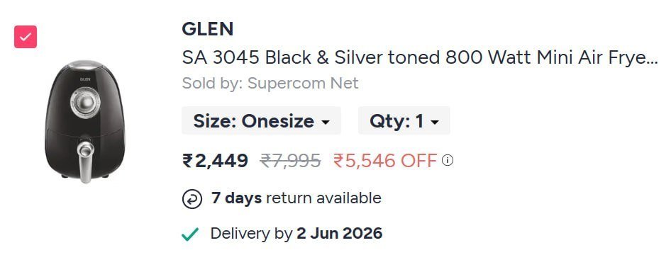 Myntra Glen Mini Air Fryer 2l 2449