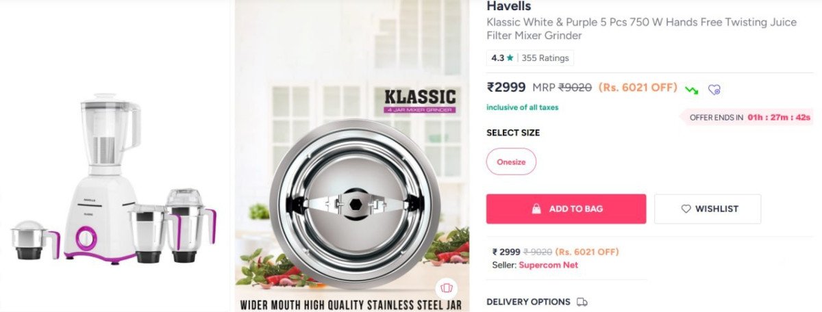 Myntra Havells 750w 4 Jar Mixer Grinder At 2999