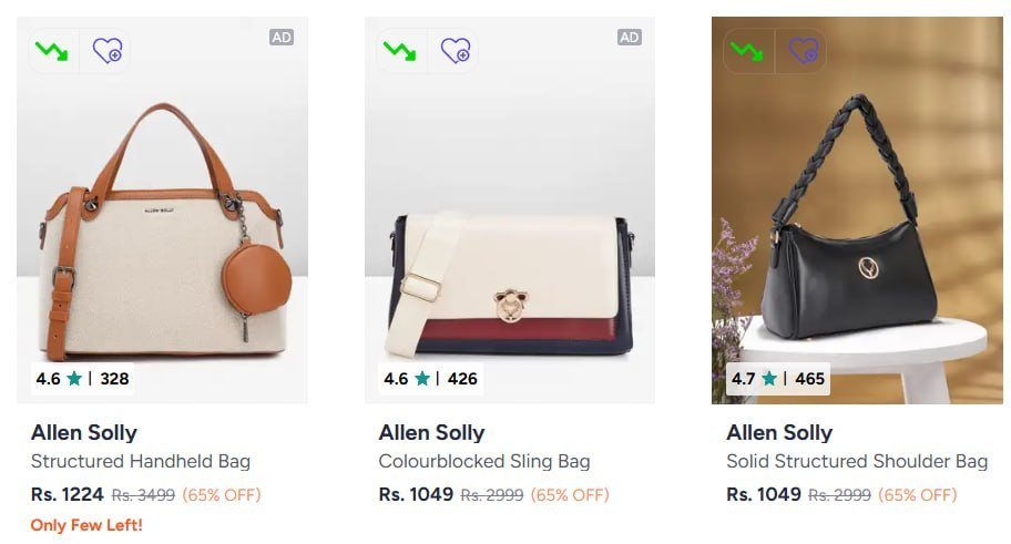 Myntra Allen Solly Handbags Min 60 ( Accessorize Handbags Min 70 ( Berrylush Handbags Min 70 ( Caprese Handbags Min 80 ( Lavie Handbags