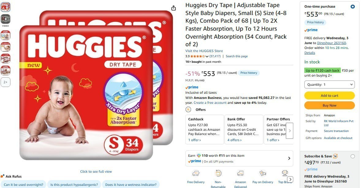 Huggies Tape Style Baby Diapers Small 34 Count (pa