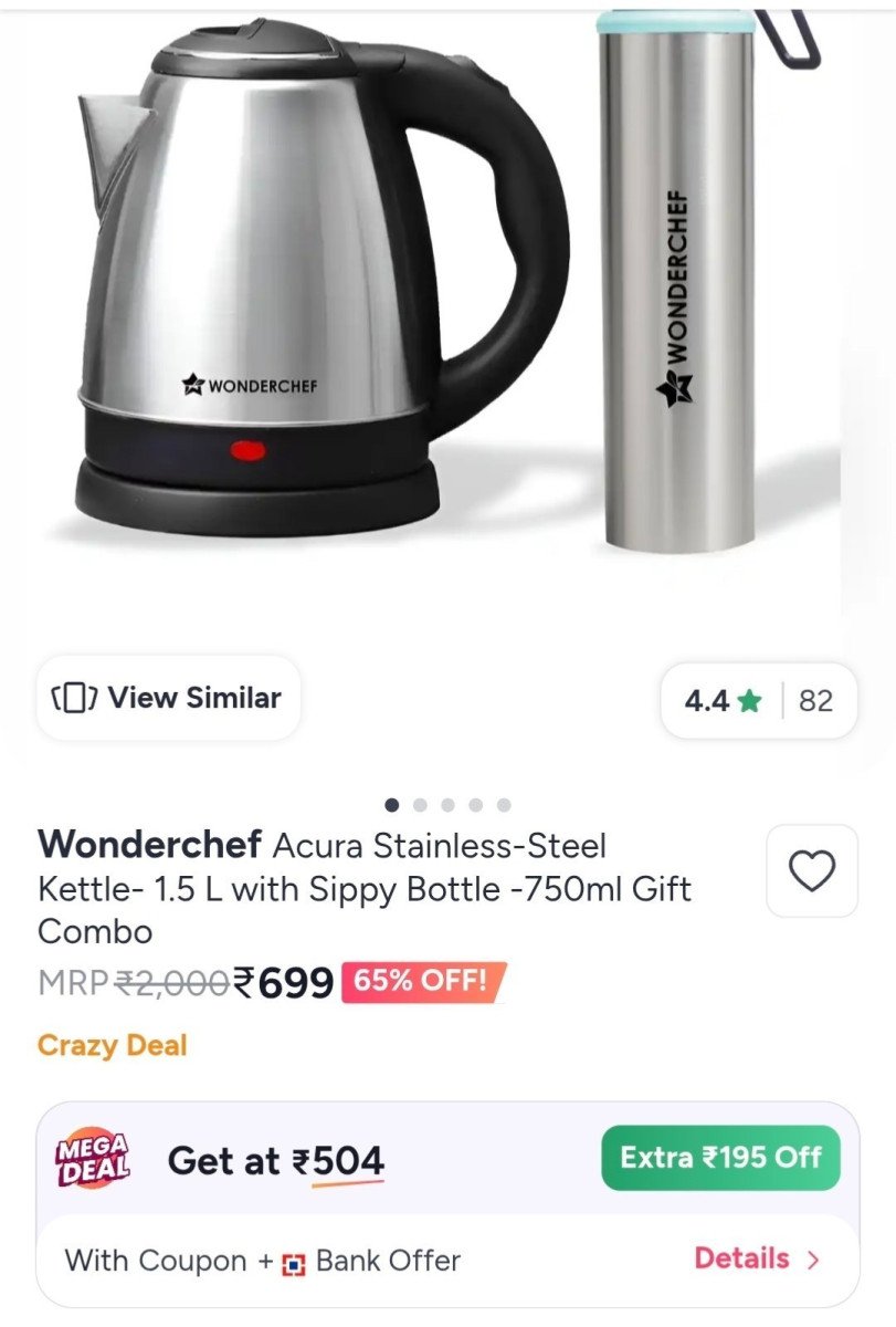 Looot 504wonderchef Electric Kettle 1 5 Ltr Bottle 750ml Add 2 Qnty Apply Coupon Homebuymore