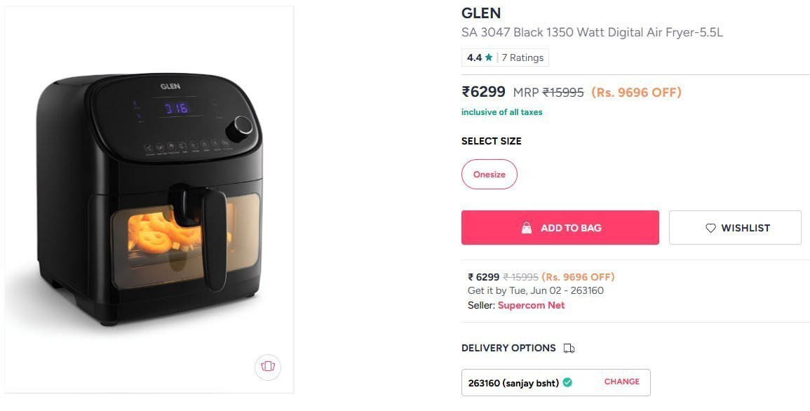 Glen Sa 3047 Black 1350 Watt Digital Air Fryer-5 5l 6299