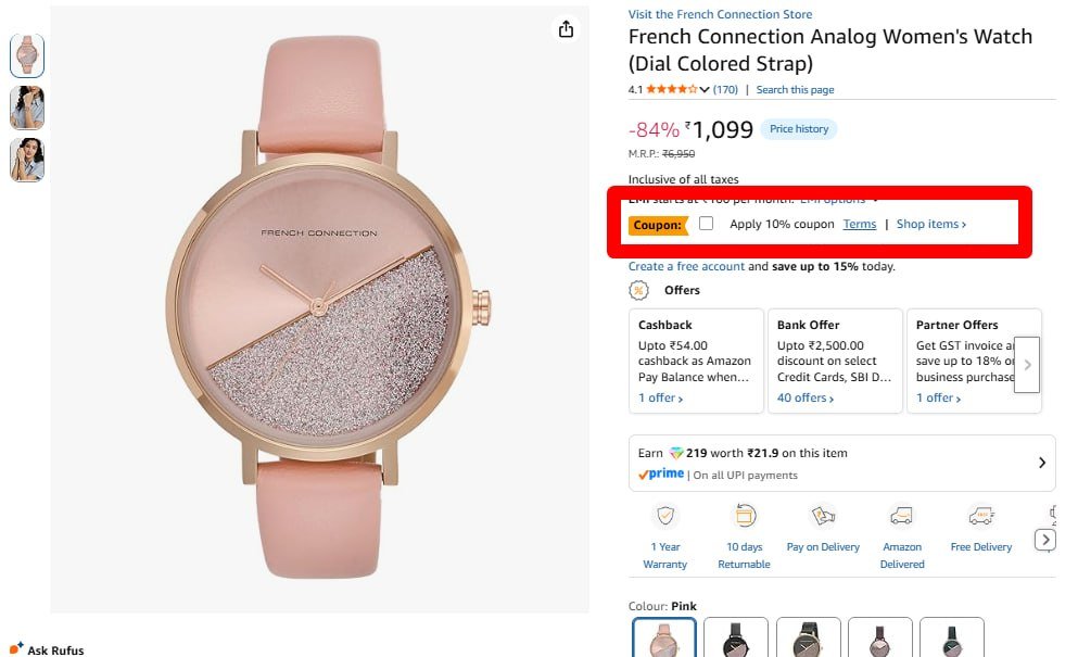 French Connection Analog Women Watch 989 Apply 10 Coupon