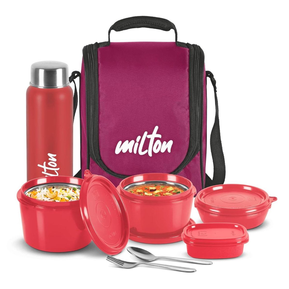 Milton Pro Lunch Box With Steel Cutlery 3 Microwave Safe Inner Steel Containers (180 Ml 320 Ml 450 Ml) 652