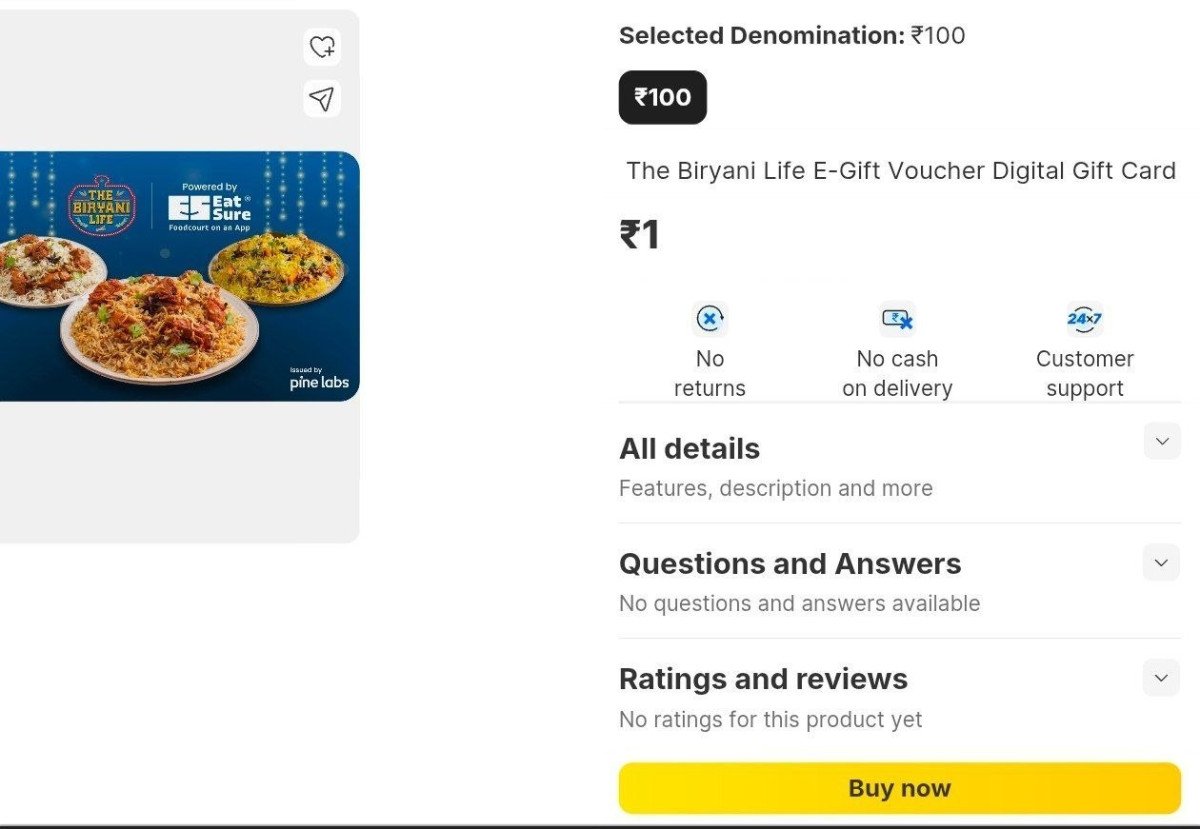 Eatsure 100 Biriyani Voucher For 1