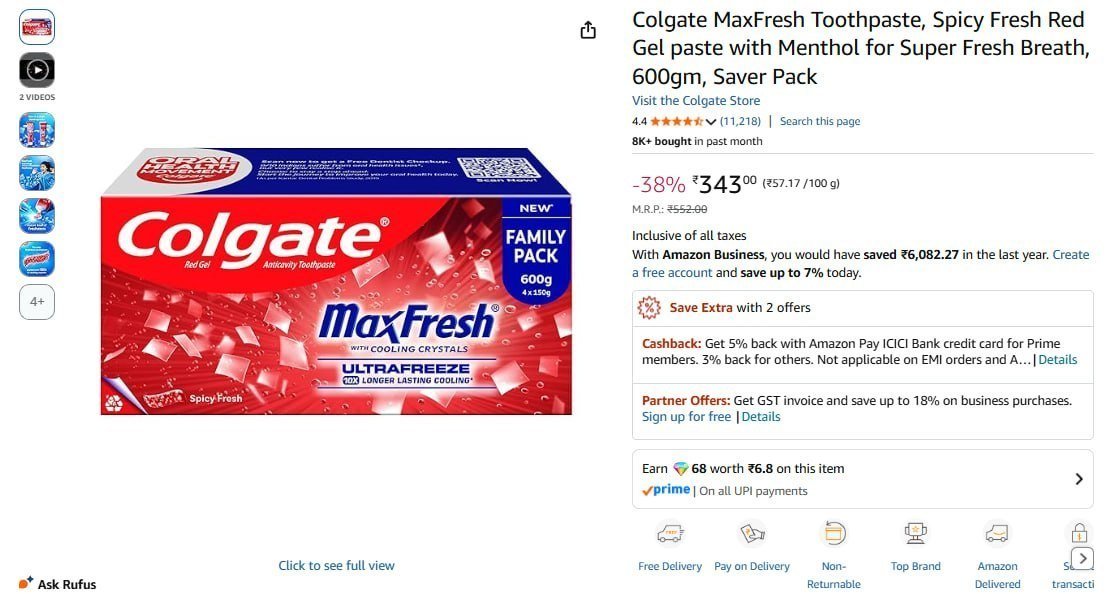 Colgate Maxfresh Toothpaste 150g X 4 343