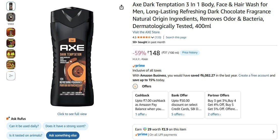 Axe Body Face Hair Wash 400ml 148