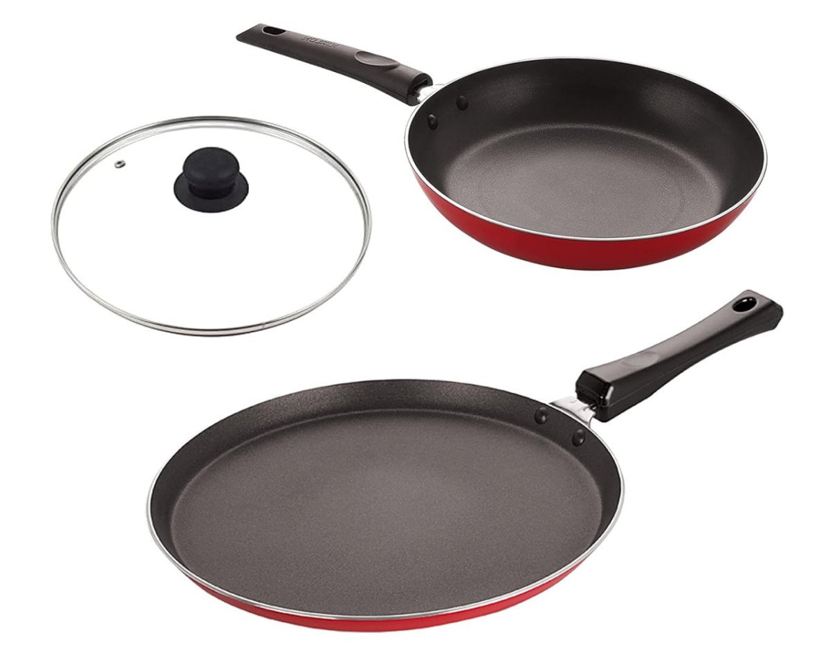Nirlon 3-layer Nonstick Coating Aluminum Compatible With All Gas Stovetops 4 Piece Cookware Set With Heat-resistant Friendly Handle Flat Tawa 26cm Tapper Pan 24cm Glass Lid 957m