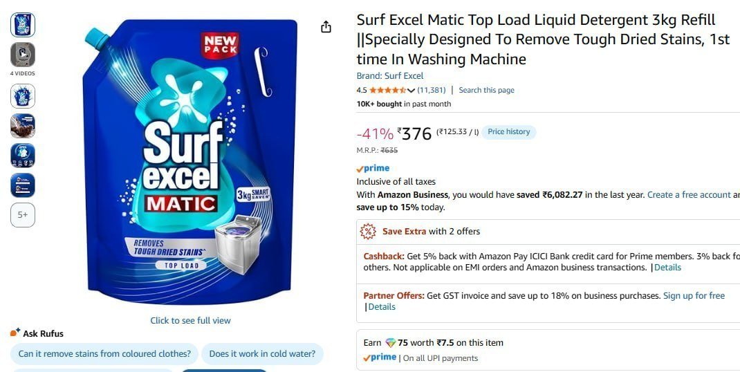 Surf Excel Matic Top Load Liquid Detergent 3kg 376