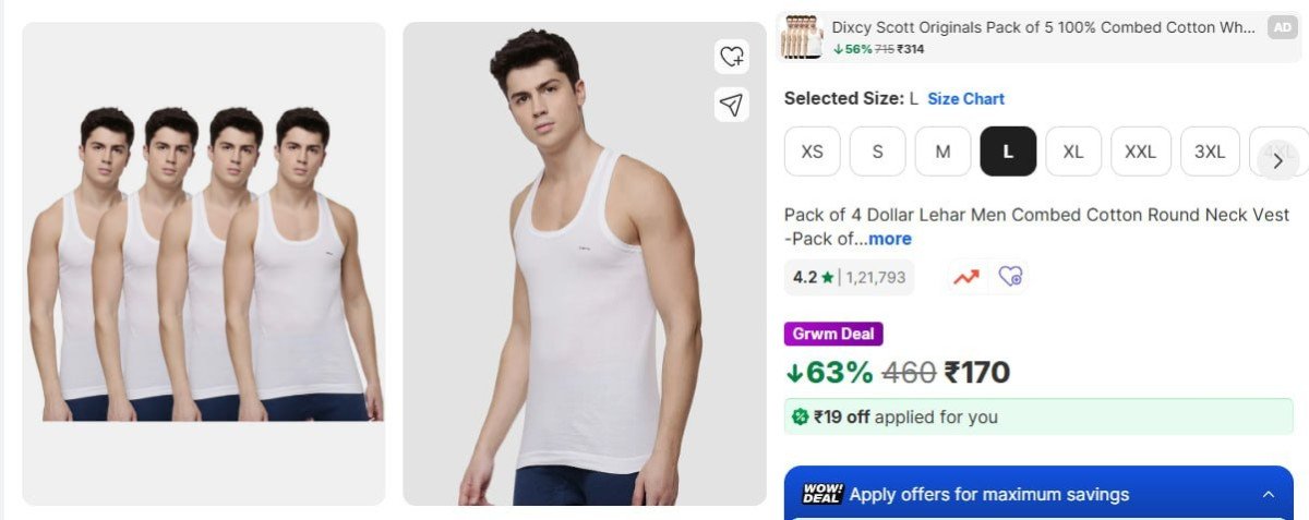 Flipkart Flat 63 On Pack Of 4 Dollar Lehar Men Combed Cotton Round Neck Vest -pack Of 4- White Men Vest 170