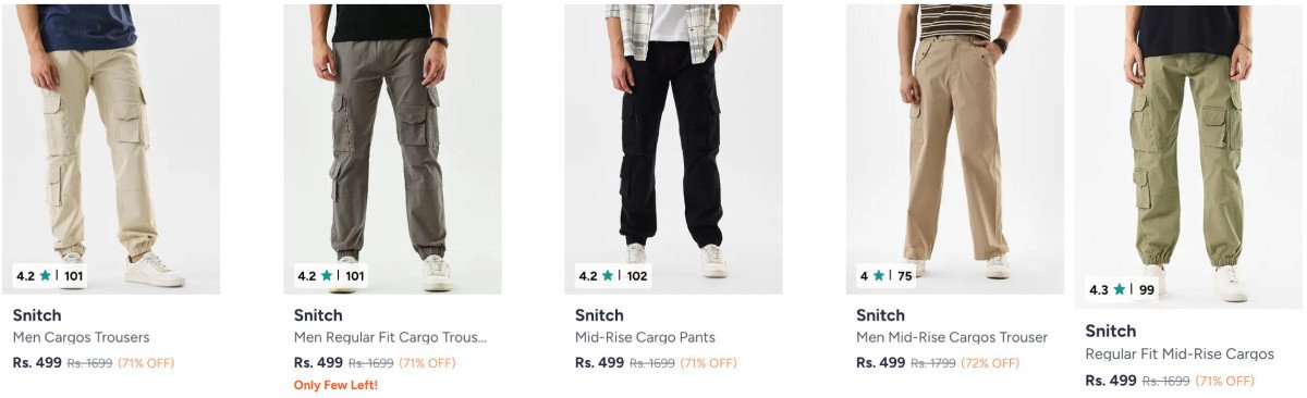 Myntra Grab Snitch Mens Cargos Starts At 499 Trousers Jeans Tshirts Shirts Sweatshirts Sweaters Jackets Shackets Shorts