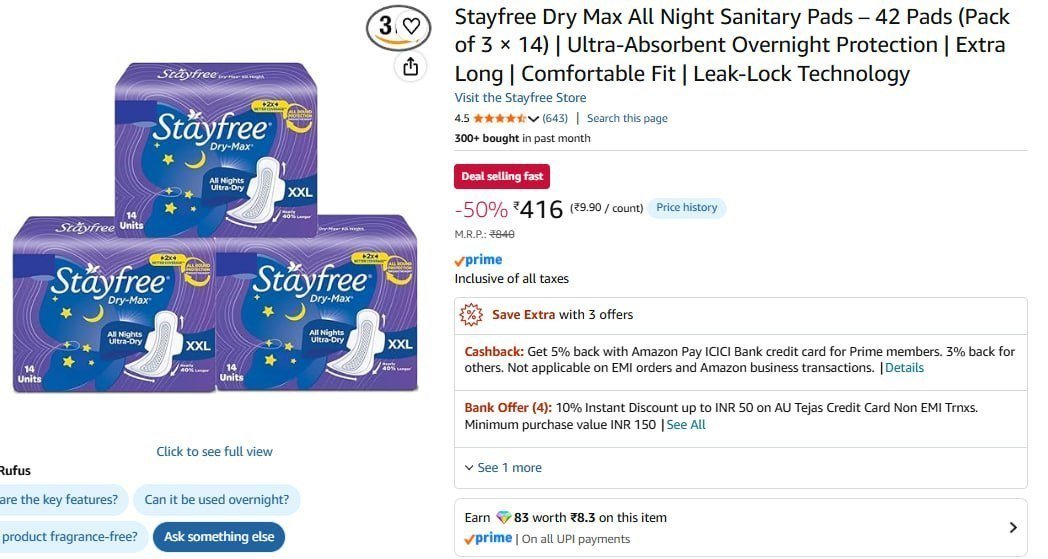 Stayfree Dry Max Sanitary 42 Pads 416