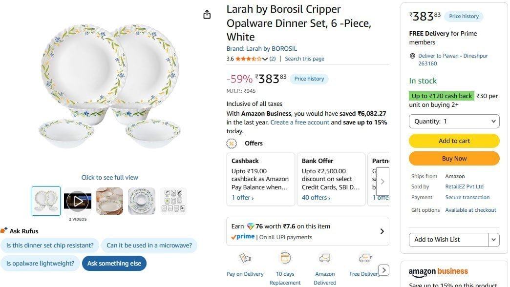 Larah By Borosil Opalware Dinner Set 6 -piece 383