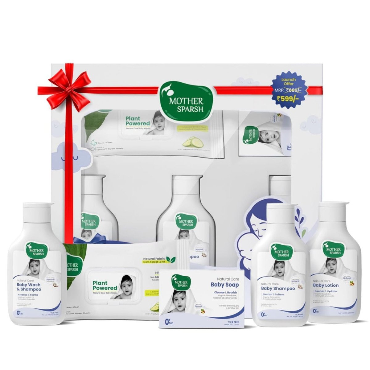 Mother Sparsh Natural Care Gift Set For Babies Baby Gift Box Of 5 Baby Wipes (40pcs) Baby Lotion (100ml) Baby Head To Toe Wash (100ml) Baby Shampoo (100ml) Baby Soap (75g) 328