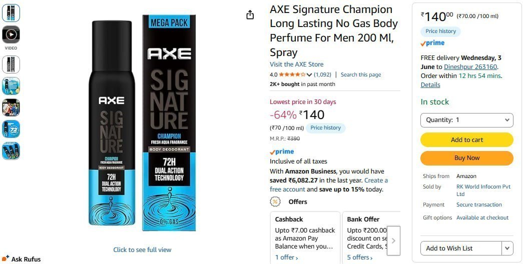 Axe Signature Champion No Gas Perfume 200 Ml 140