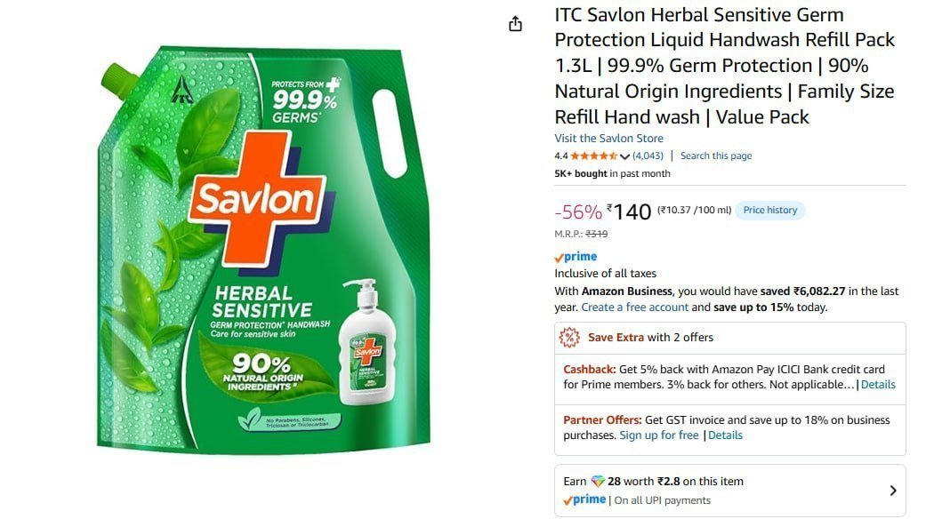 Itc Savlon Handwash 1 3l 140