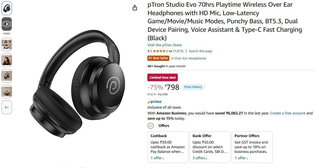 Ptron Studio Evo 70hrs Playtime Wireless Head