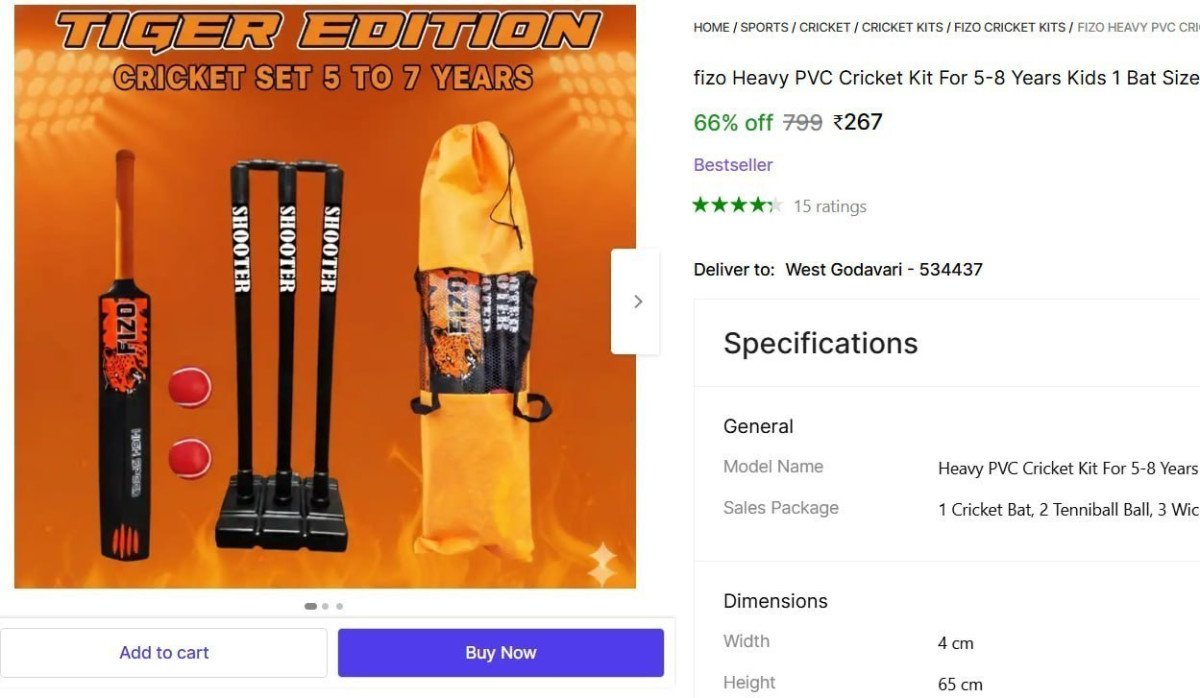Cricket Kit For 5-8 Years Kids 267 1 Cricket Bat 2 Tenniball Ball 3 Wickets