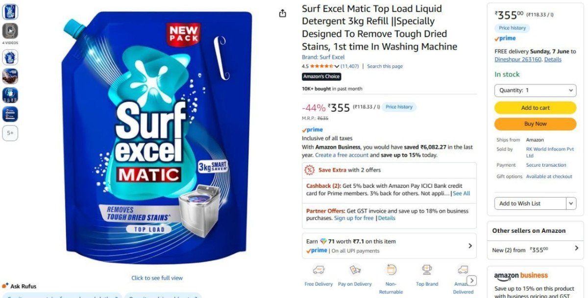 Surf Excel Matic Top Load Liquid Detergent 3kg 355