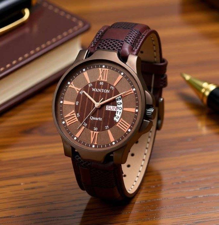 Genuine Leather Brown Belt Working Day And Date Dial Watch For Men Analog W