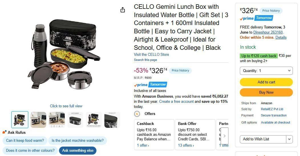 Cello Gemini Lunch Box With Insulated Bottle 