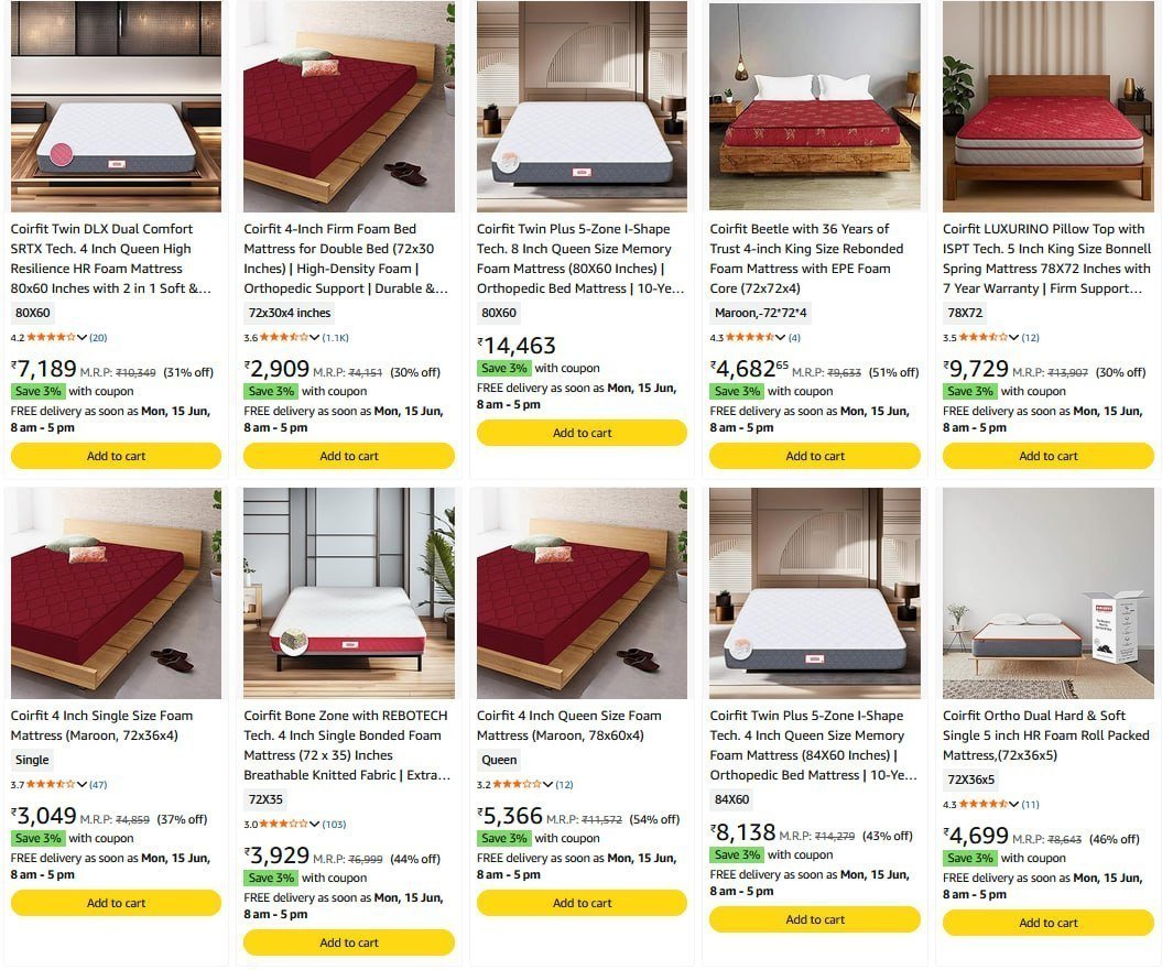 Coirfit Mattress 87 Starting From Rs 2099 Amazon