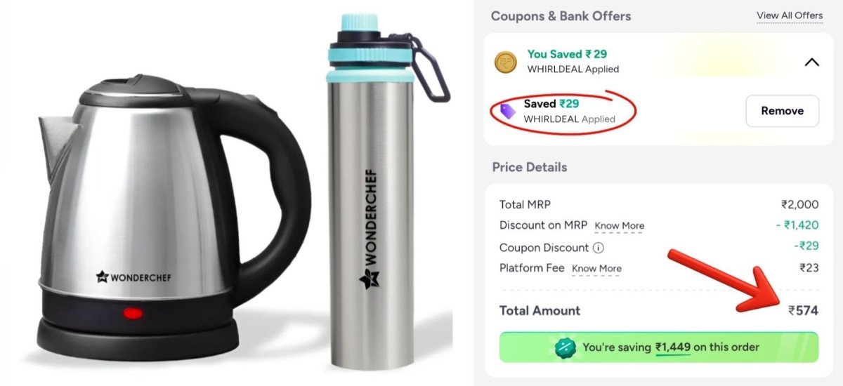 Wonderchef 1 5l Electric Kettle With Stainless Steel Bottle At 574apply Cod