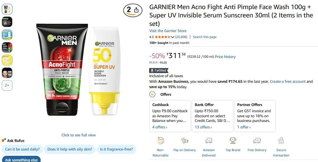 Garnier Men Face Wash 100g Sunscreen 30ml 311