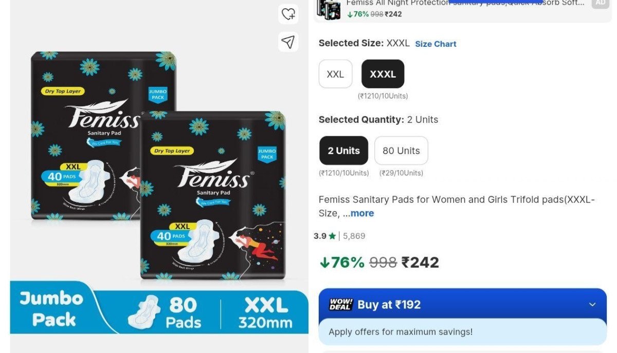 Loottt Fasttt Femiss Sanitary Trifold Pads Xxxl (320mm) Pack Of 2 80 Pads (