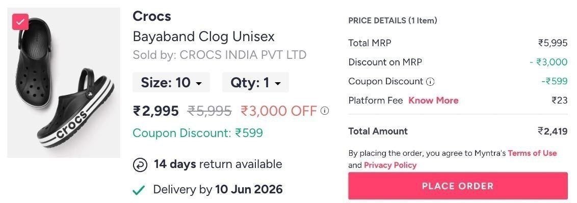 Myntra 50 On Crocs Extra 20 Apply Code Premium20