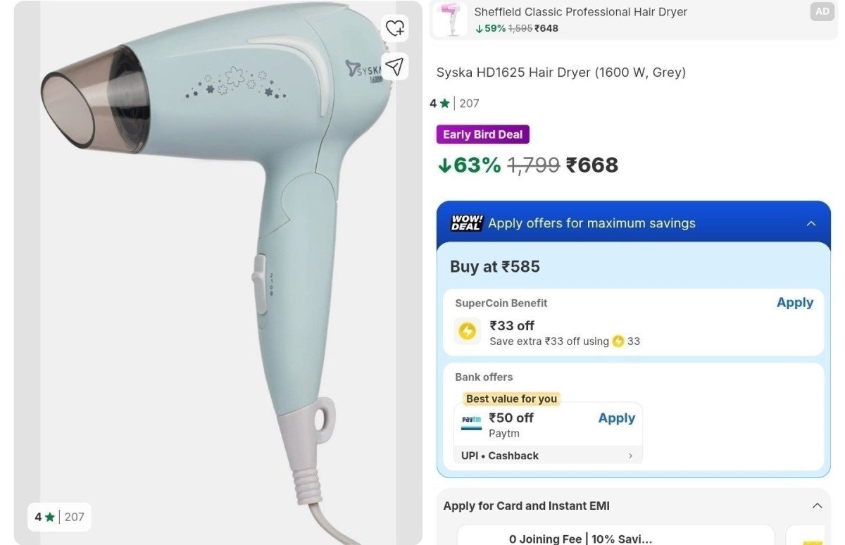 Syska 1600w Hair Dryer At 668