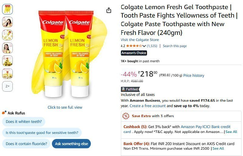 Colgate Lemon Fresh Gel Toothpaste (240gm) 218