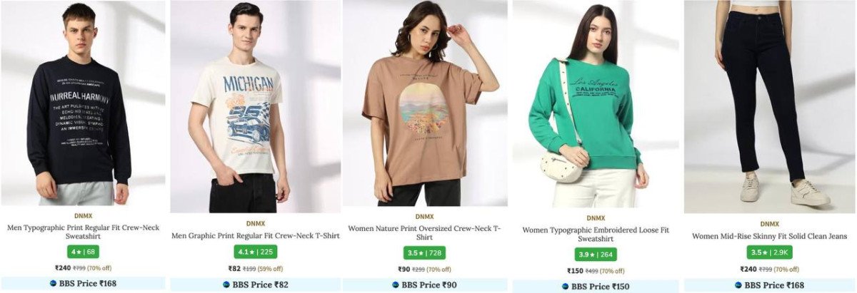 Ajio Loot Dnmx Clothing Starts 82 Mens T-shirts Jeans Sweaters Cardigans Sweatshirt Hoodies Shirts Jackets Shorts Trousers Jogger Women S T-shirts