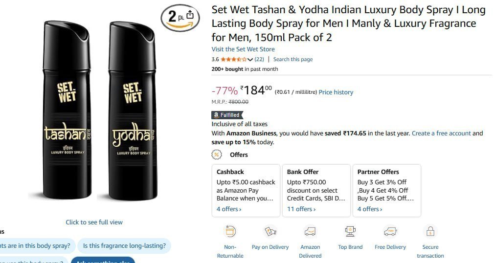Set Wet Tashan Yodha Body Spray Pack Of 2 184
