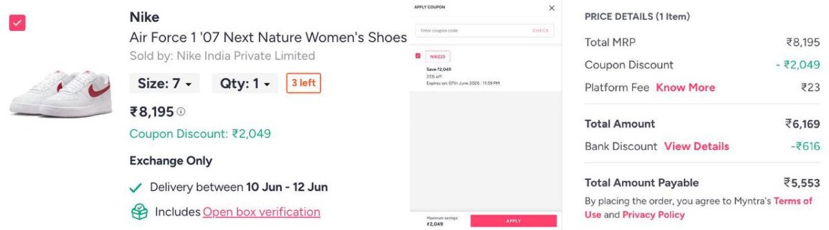 Myntra Extra 25 On Nike Jordans Air Force Dunks Apply Code Nike25 Extra 10 With Hdfc Ccmore Deals Click Here To Join Check All Whatsappmore Deta
